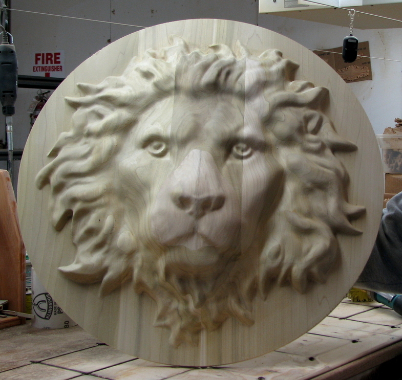 Large Lion Head carving | Whimsical Art, Medallions, & Client Projects