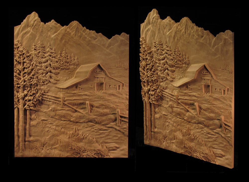 Carved Panel with Teton Mountains and Barn